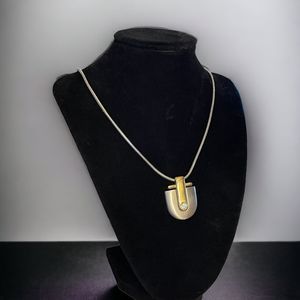 Vtg DAVID GRAU Pewter Gold Tone Pendant with CZ Stone and Snake Chain